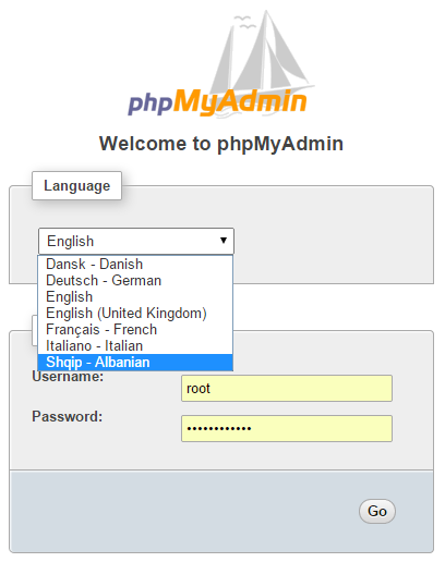 phpMyAdmin - Hyrje shqip